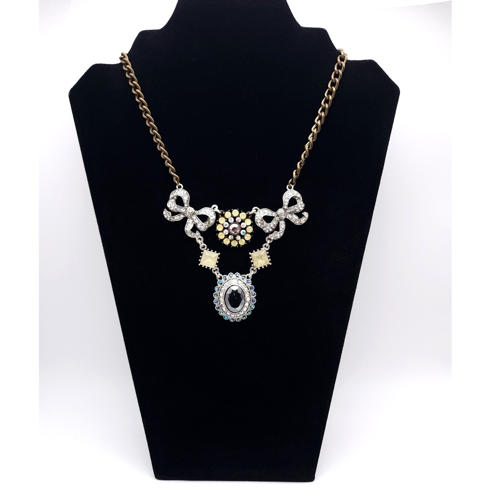 Betsey Johnson Whiteout Crystal Necklace Bow Statement Pendant Signed Vintage
